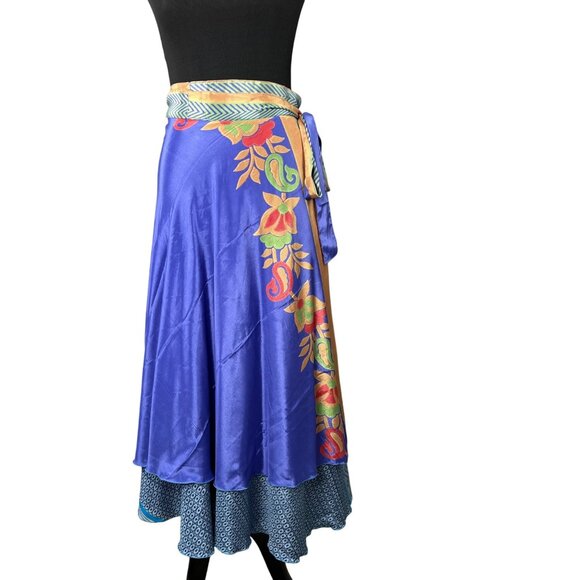 Long Wrap Maxi Skirt Sari Sarong Silky One Size Reversible Floral Purple Blue - Picture 1 of 10